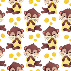 Seamless cute template featuring cartoon otters with shells. The otters are brown with light yellow accents, dainty malusk on a white background. Vector illustration