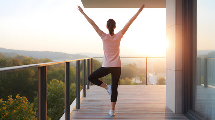Woman practicing yoga at sunrise on a balcony, standing in tree pose. Morning balance, clarity and focus to support mental health.