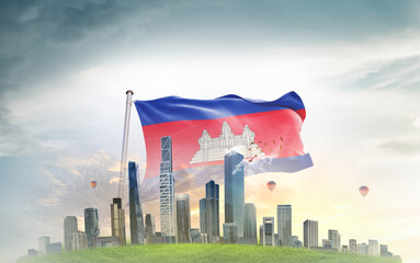 Cambodia national flag wavering with modern building skyline. Country showing stronger and prosperity. Flag key visual. Cambodia national flag for independence day.