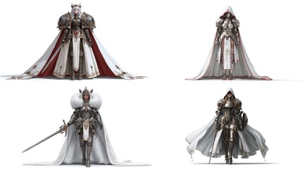Four female figures in elaborate, stylized armor and flowing cloaks, set against a plain white background.  Each figure displays different armor details and cape styles