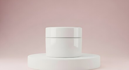 Elegant white cosmetic jar on a pristine platform against a soft pink backdrop ideal for skincare product packaging design and beauty advertising.