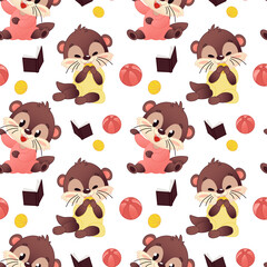 Seamless cute template featuring cartoon otters with shells, books and balls. The otters are brown in pink and yellow costumes on a white background. Vector illustration