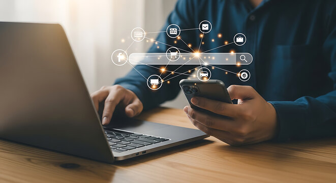 Person using laptop and smartphone with online search interface connected icons representing digital concepts