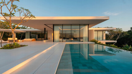 Fototapeta premium Modern villa with infinity pool and sunset view