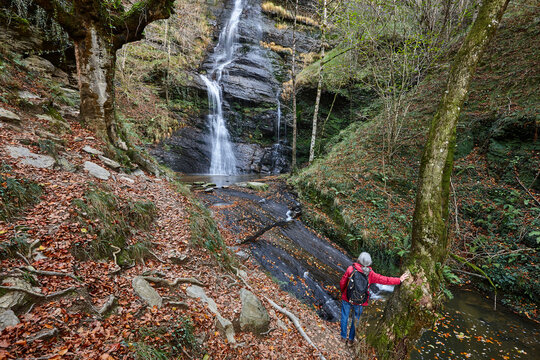 Uguna waterfall in autumn. Gorbeia Natural Park. Basque Country, Spain