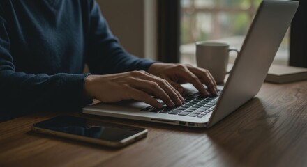 Hands on Laptop, Desk Scene: Focused Typing, Coffee Cup, Home Office Ambiance.
