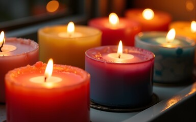 A vibrant collection of decorative candles with warm flames, perfect for enhancing ambiance and adding a cozy touch to any space. High quality