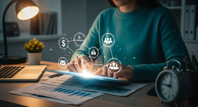 Woman working with digital marketing and financial analysis on a modern tablet device