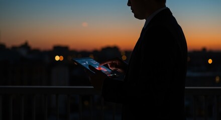 Twilight Tech: Silhouette of a Professional Analyzing Data on a Tablet Over Cityscape.