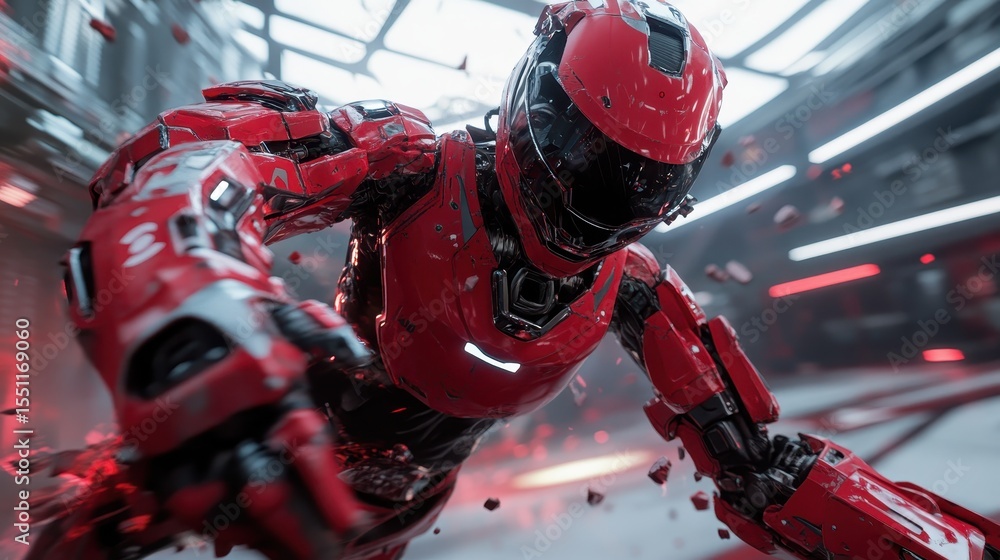 Poster a dynamic depiction of a futuristic red robot in action, showcasing advanced technology and strength