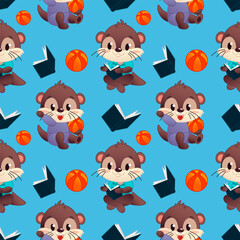 Cute template featuring cartoon otters with a ball and a book. The otters are brown in blue and purple outfits, one is reading a book, the other is playing with an orange ball. The background is