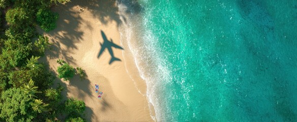 The airplane casts a shadow over a serene tropical beach landscape.