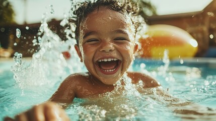 A delighted child joyfully splashes water in a sparkling swimming pool, capturing the essence of childhood joy and the carefree spirit of summer playtime under the warm sun.