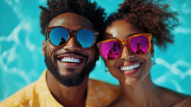 A vibrant couple beams with happiness while relaxing poolside, donning stylish sunglasses that reflect the joy of summer and the beauty of their carefree moments together.