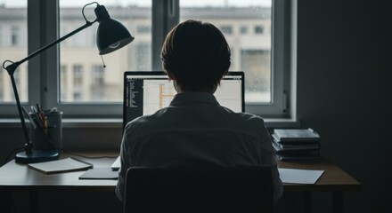Back View: Individual Working at Desk by Window with Lamp in Dim Light.