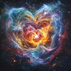 Heart-shaped nebula, vibrant colors, swirling gas clouds.  Cosmic heart in space