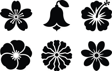 Decorative flower head silhouette vector pack featuring cherry, bell, hibiscus, pansy, zinnia and daisy symbols for creative graphics
