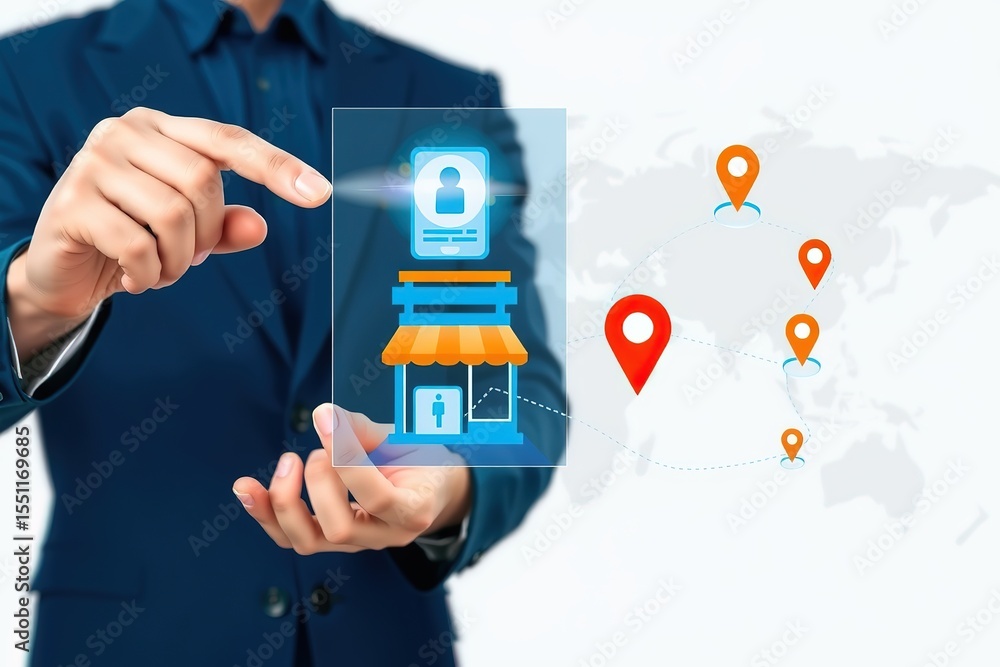Poster businessman interacts with a digital interface displaying a store and global location markers