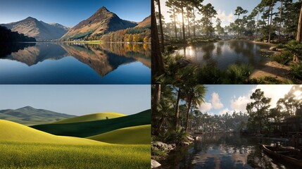 A four-panel landscape collage showcasing diverse environments a serene mountain lake reflecting peaks, a sun-dappled forest pond, rolling yellow hills 