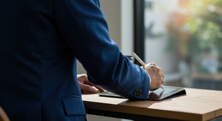 Blue-suited professional using stylus on tablet at bright window, focused work.