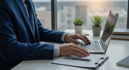 Office Worker Typing on Laptop, Window Light, Documents and Plants on Desk.