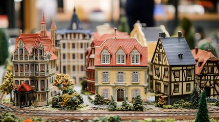 A charming miniature town meticulously crafted, showcasing diverse architectural styles with detailed facades, landscaping, and railway