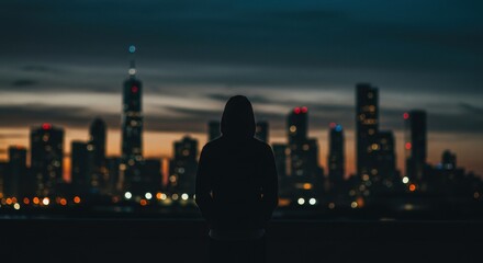 Hooded Figure Gazing at Illuminated Cityscape at Twilight.