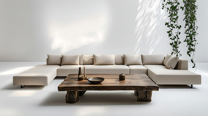 Modern living room with sectional sofa, wooden table, and hanging plants indoors