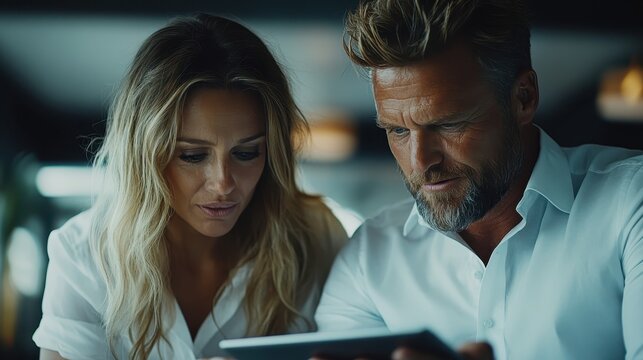 A couple shares a focused moment as they look at a tablet in a cozy, intimate setting, highlighting their connection and engagement in collaborative activities.