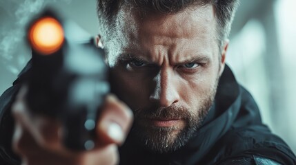 A determined man aiming a handgun with a focused expression, illustrating a tense moment, showcasing themes of danger, conflict, and intensity within a dramatic context.