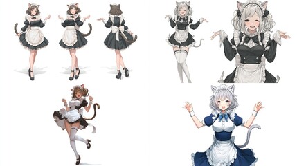 Naklejka premium Digital illustrations of five female characters, each wearing a maid outfit with cat ears. Varying colors and styles of maid outfits and poses
