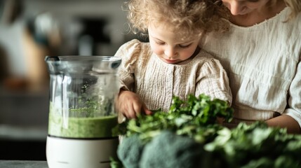 A nurturing moment between a mother and her young daughter unfolds as they prepare fresh ingredients for a green smoothie, symbolizing care, health, and family bonding.