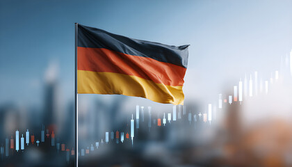German flag with city skyline and stock market graph, symbolizing economic growth