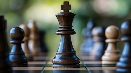 Fototapeta premium A dark wooden chess king stands prominently on a board, surrounded by other pieces, signifying leadership and strategy in a game