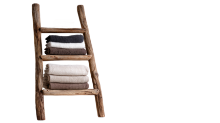  A rustic wooden ladder with three shelves holding stacked towels and bathroom accessories, isolated on a transparent background.