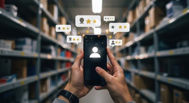 Warehouse Feedback: Customer Profile & Rating Icons on Smartphone Display