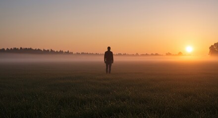 Solitary Figure in Fog, Dawn Light, Open Field, Silhouette, Tranquil Landscape.