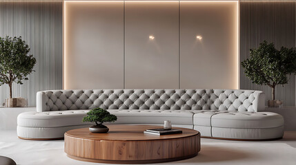 A luxurious living room with a tufted sofa, round table, and decorative trees