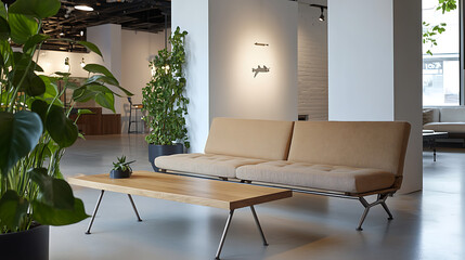 A modern waiting area with a beige sofa, wood table, and potted plants indoors