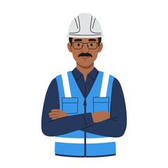 Confident Construction Worker with Arms Crossed Wearing Safety Vest and Hard Hat