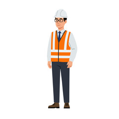 Full body illustration of a construction worker wearing safety gear on white