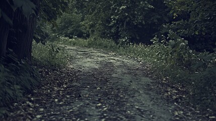 Fototapeta premium A dimly lit path winds through a lush, overgrown forest, leaves and vegetation crowding the sides. The atmosphere is serene, mysterious, and slightly ominous