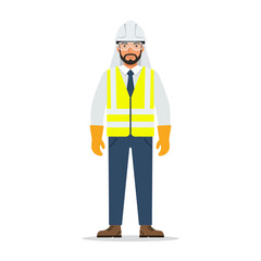 Construction Worker Wearing Safety Gear and Hard Hat Standing on White Background