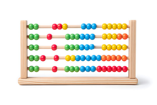 Wooden abacus with bright beads, isolated on soft white background, early education concept