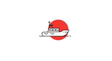 Nautical Voyage: Minimalist Boat Icon with Red Sun Backdrop