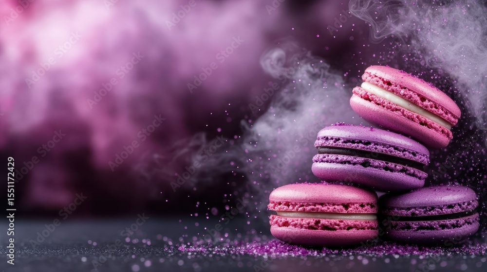 Poster a visually appealing stack of purple macarons surrounded by whimsical mist and sparkles, creating a 