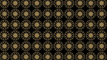 Repeating pattern of golden floral designs on a black background creating a seamless texture