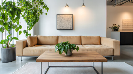 A living room with a couch, a coffee table, and several potted plants indoors