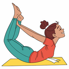 Cartoon illustration of a young woman performing the Dhanurasana yoga pose