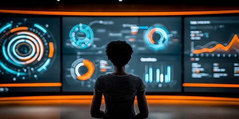 Person observing large display screen with data visualizations